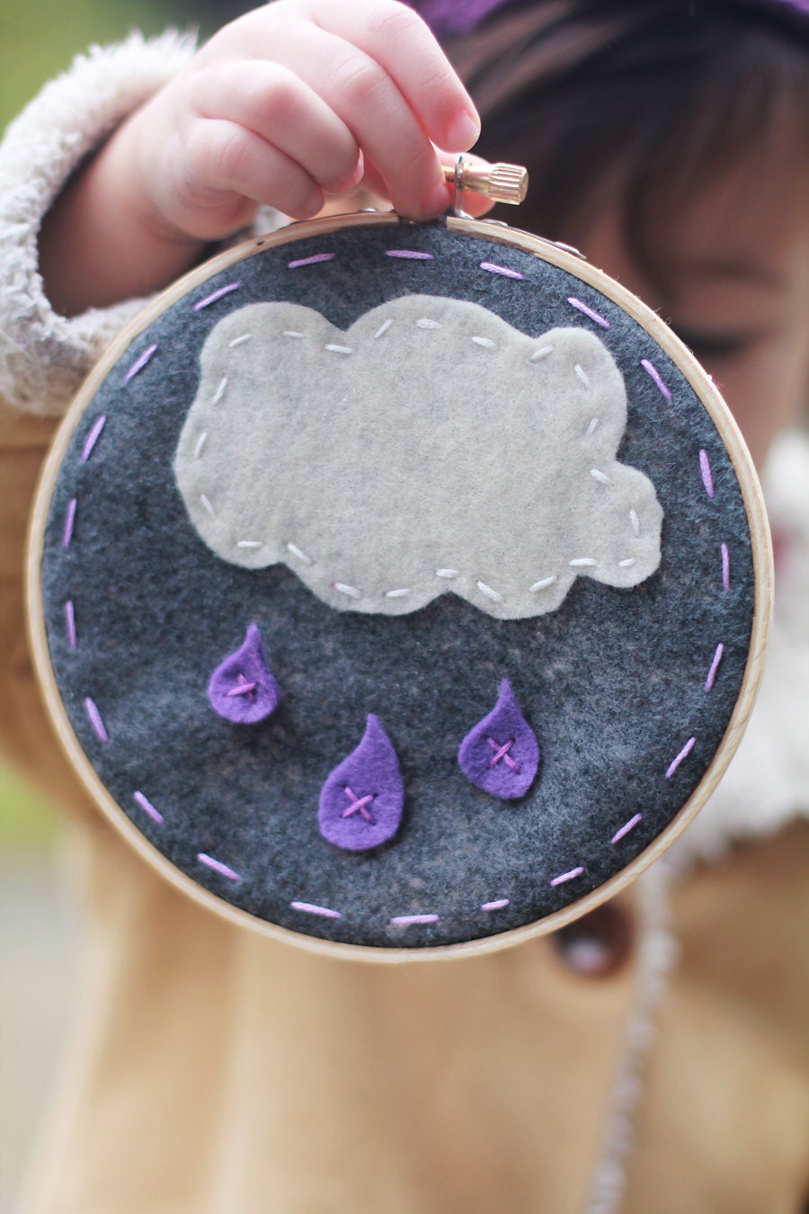 Embroidery Hoop Art. Purple Rain. Felt Applique Wall Hanging by Catshy Crafts.