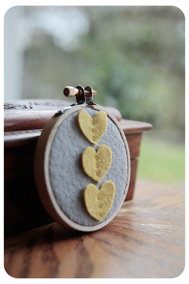 Embroidery Hoop Art, Three Yellow Felt Hearts, Nursery Wall Decor by Catshy Crafts