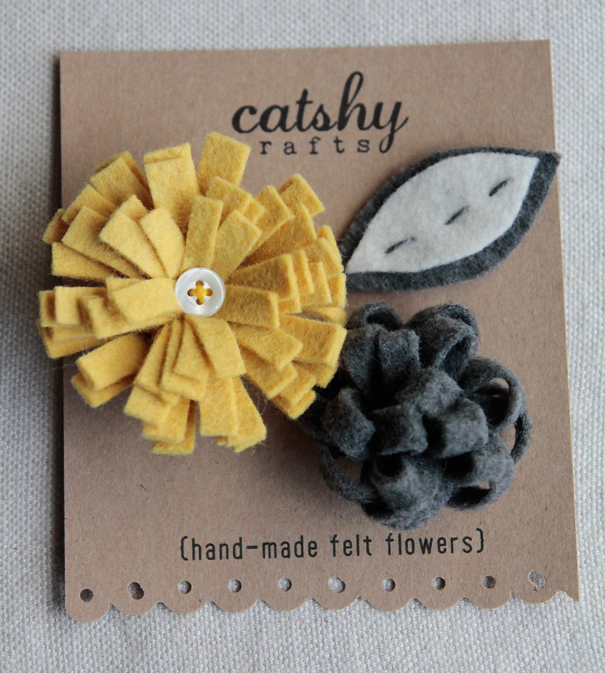 Handmade Felt Flowers and Leaf. Canary Yellow Fringed, Charcoal Grey Loop, Stitched Leaf. Felt Embellishments by Catshy Crafts