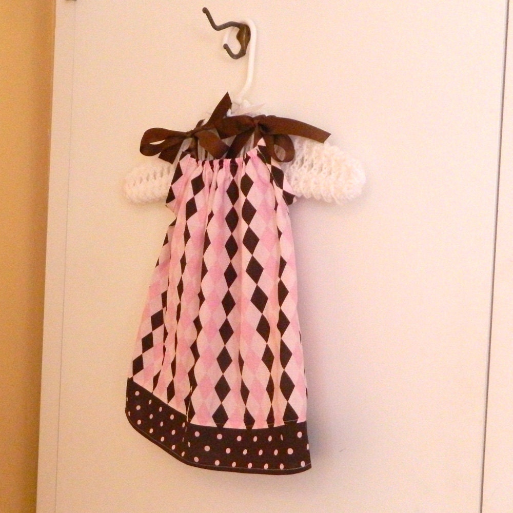 Pillowcase Dress - Pink, Brown, & White Diamonds - made to order 12 - 24 months - 5