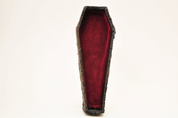Red Velvet Open Coffin 1-inch scale dollhouse miniature