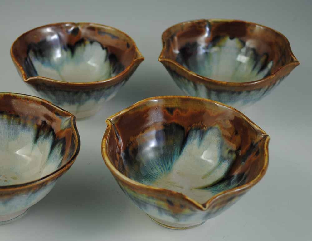 Set of 4 Small Bowls, White and Caramel Tan Glazed Porcelain