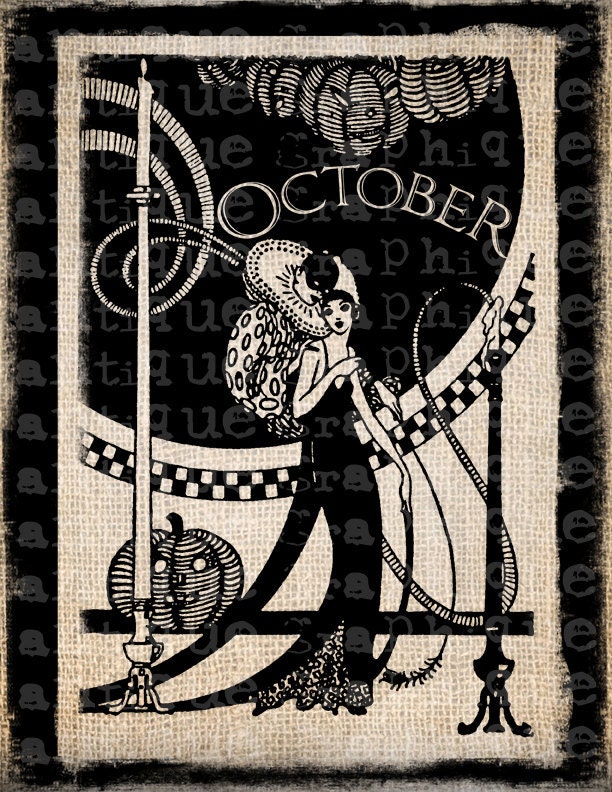 Antique Halloween Party Trick or Treat October Art Deco Ornate Digital Download for Papercrafts, Transfer, Pillows, etc Burlap No 3125