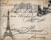 Antique Paris French France Bird Eiffel Tower Postcard Script Illustration Digital Download for Papercrafts, Transfer, Pillows, etc No 3795