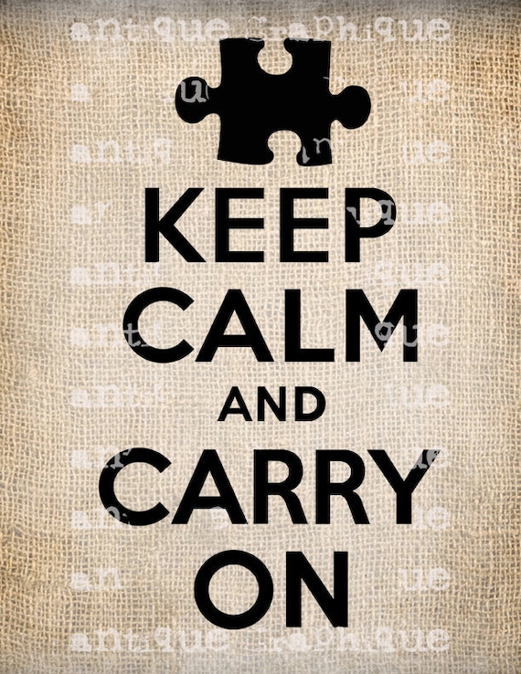 Keep Calm and Carry On Autism ASD Puzzle Quote Script Handwriting Illustration Digital Download for Papercrafts, Transfer, Pillows No 2347