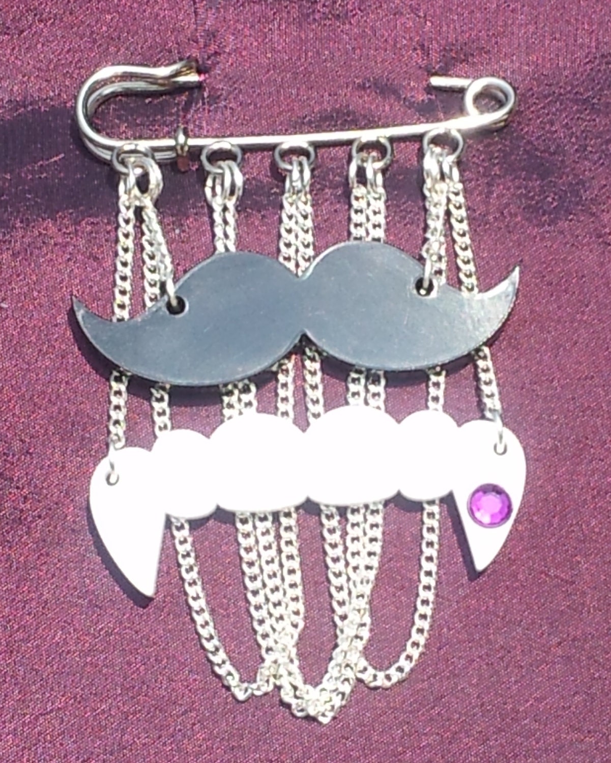 Vampire Teeth & A Black Moustache Acrylic Brooch Pin Badge Silver Plated Chain Gothic Steampunk Emo Punk