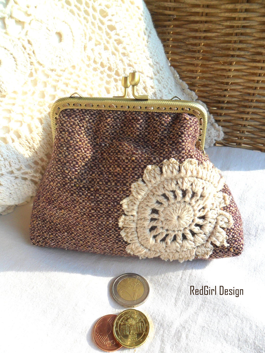 Items similar to Christmas SALE Handmade purse frame brown and beige