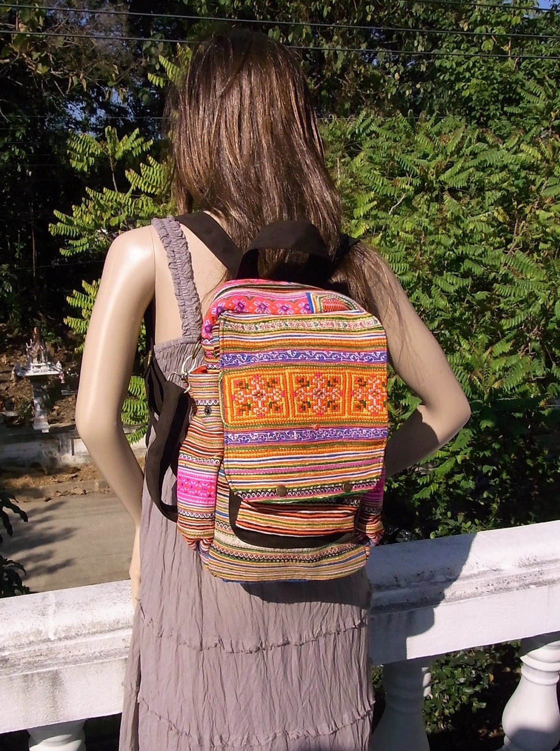 Hill Tribe Backpack Book Bag Handmade HMONG Vintage Fabric Fair Trade Thailand (bg520)