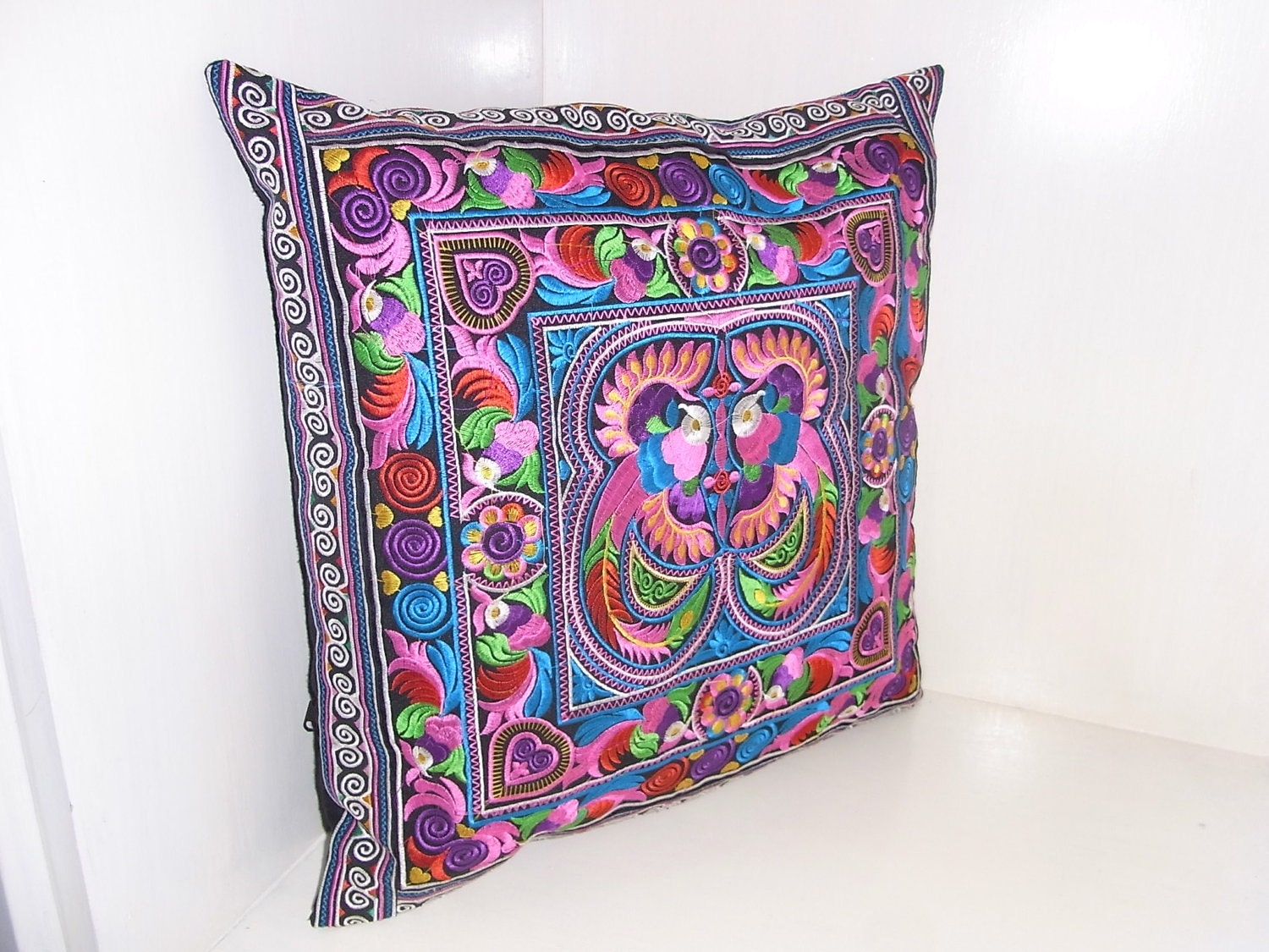 Cushion Cover HMONG Hill Tribe Thailand FAIR Trade Handmade Candy Birds (cs011mub)