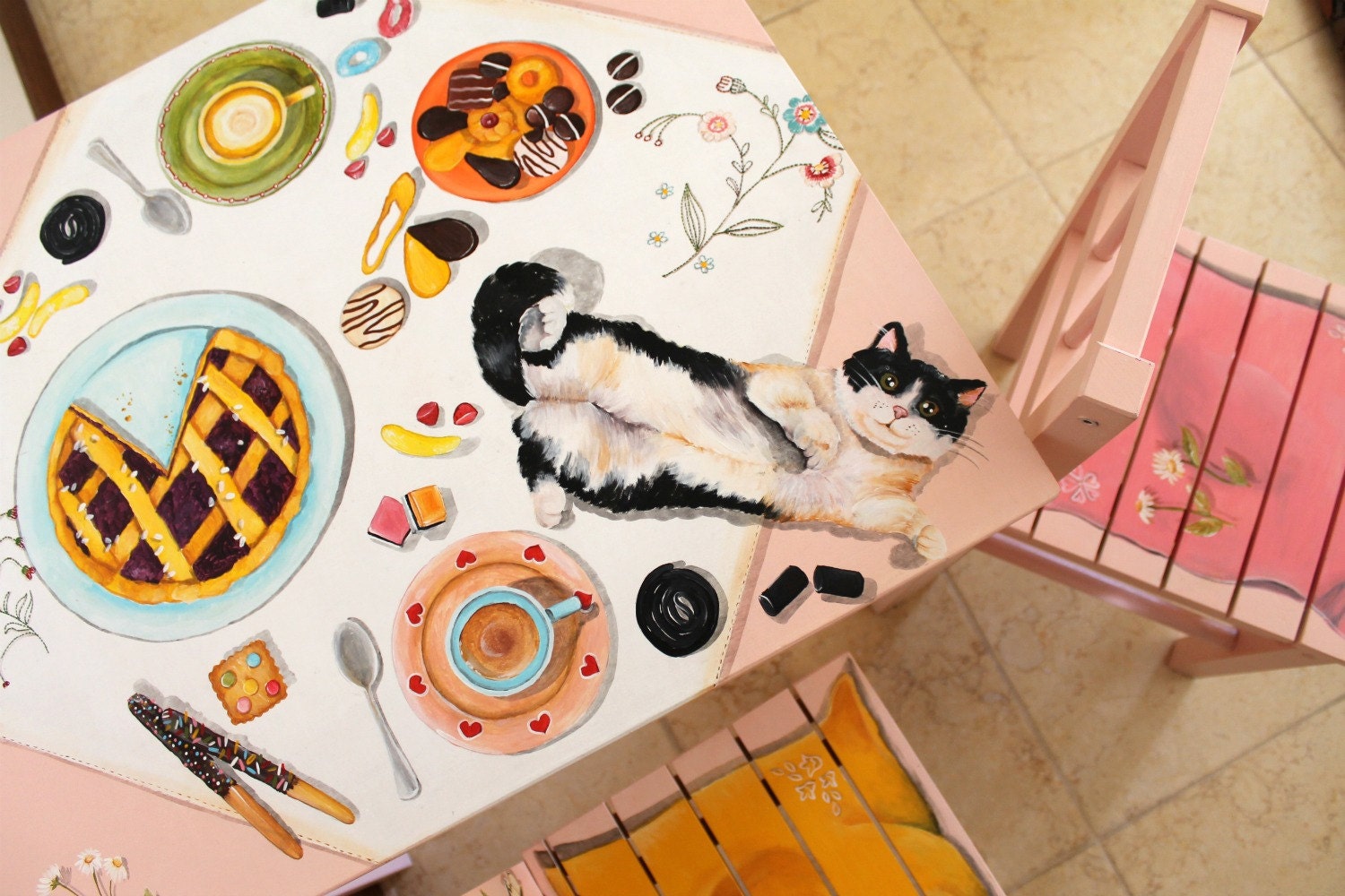 Table and chairs hand painted for children room - cat and tea party table set -children furniture
