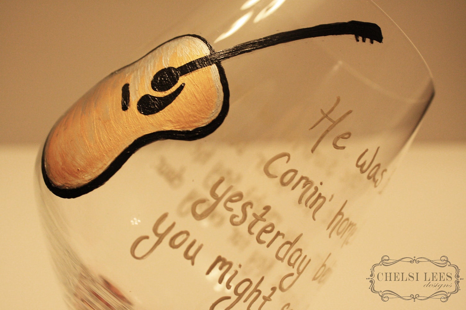 Hand Painted Lyric Wine Glass with Metallic Guitar