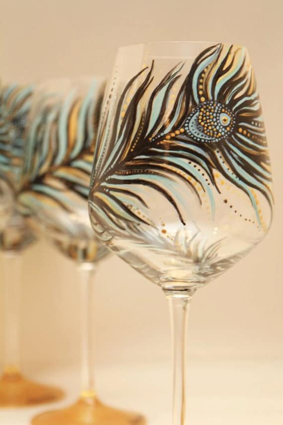 set of 4- Hand Painted Wine Glass: Peacock Design Black-Gold-Turqouise