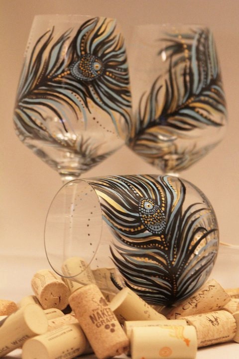 set of 4- Hand Painted Wine Glass: Peacock Design Black-Gold-Turqouise