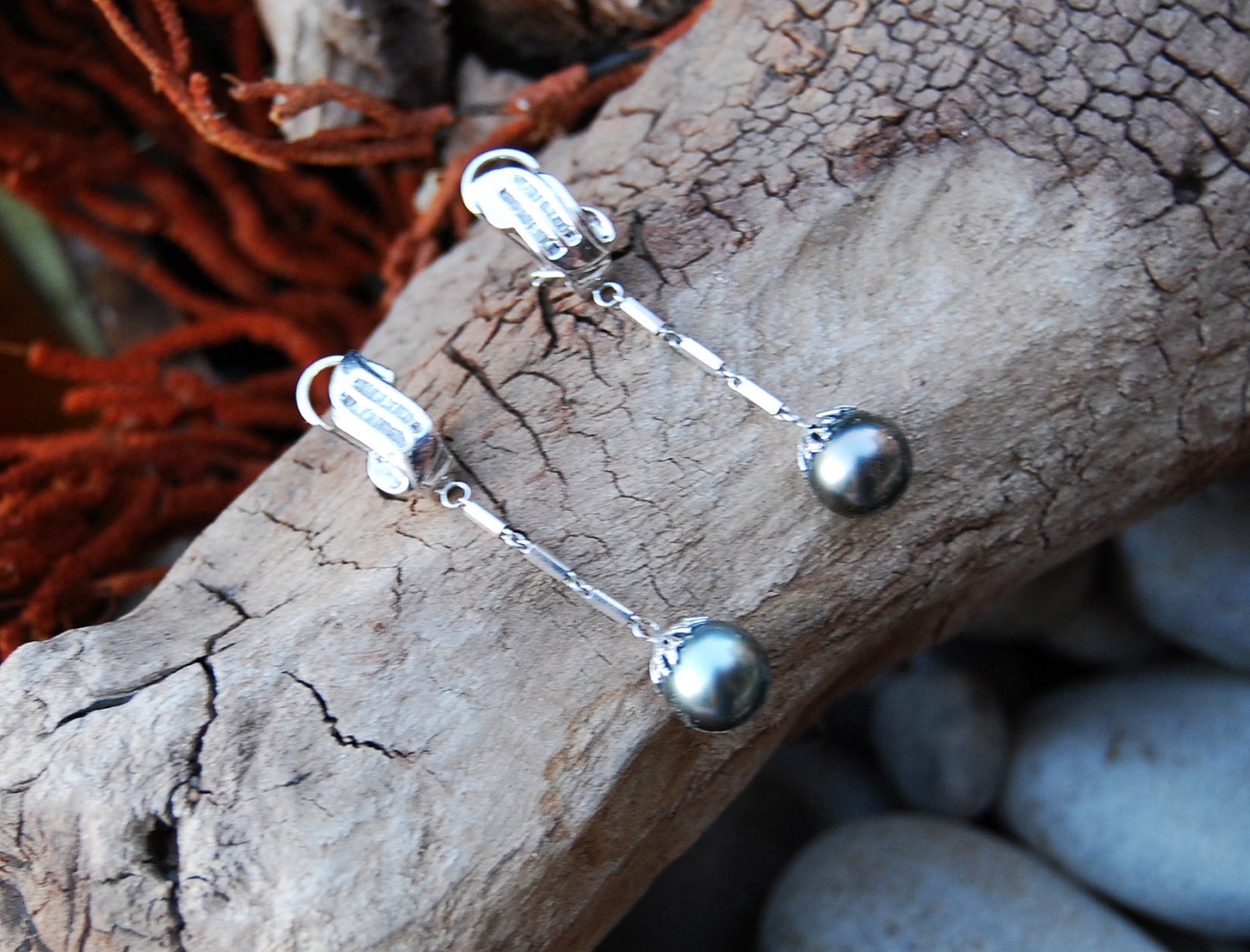 Diamond, Black Tahitian Pearls & 14K White Gold Earrings