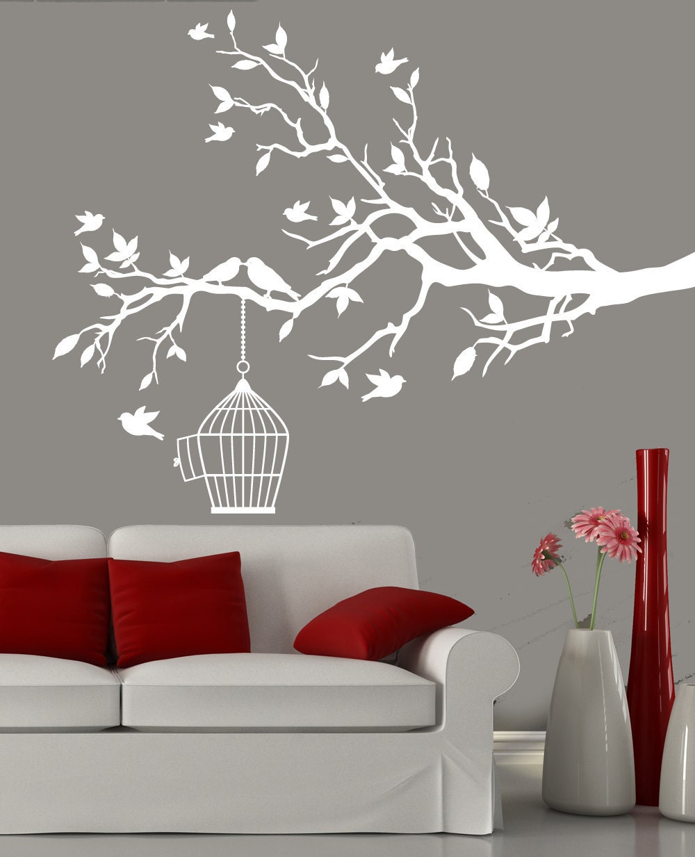 White tree branch with a bird cage and birds wall decal -
