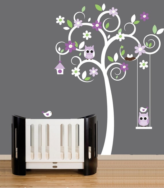 Nursery tree wall decal with owls, birds and swing vinyl wall decal stickers -