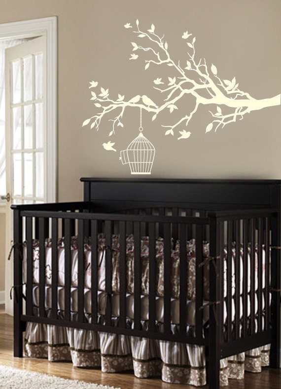 White tree branch with a bird cage and birds wall decal -