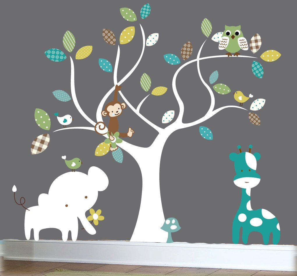 Nursery jungle decal set, tree wall decal, jungle animal wall decals, patterned wall decals -
