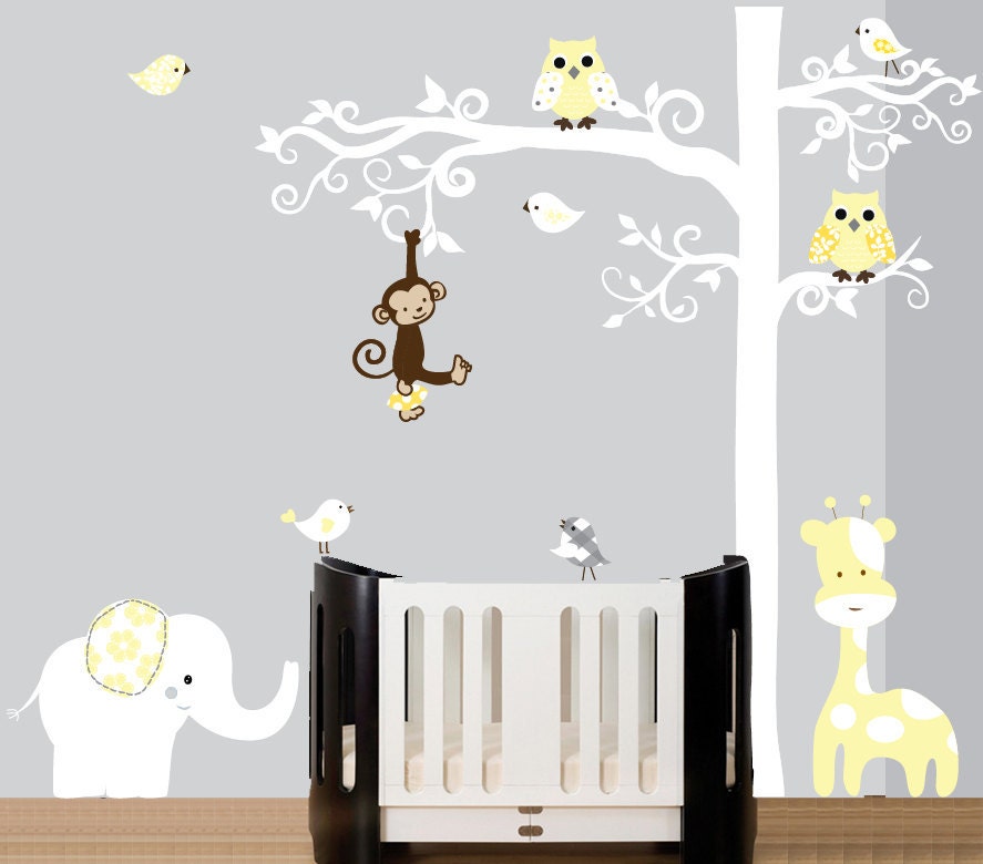 Childrens wall decal - white jungle tree wall decal -