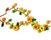 Felt Necklace /Yellow green Felted Necklace /Long Necklace of felt flowers/ glass Beads/  Ready to Ship - Marywool