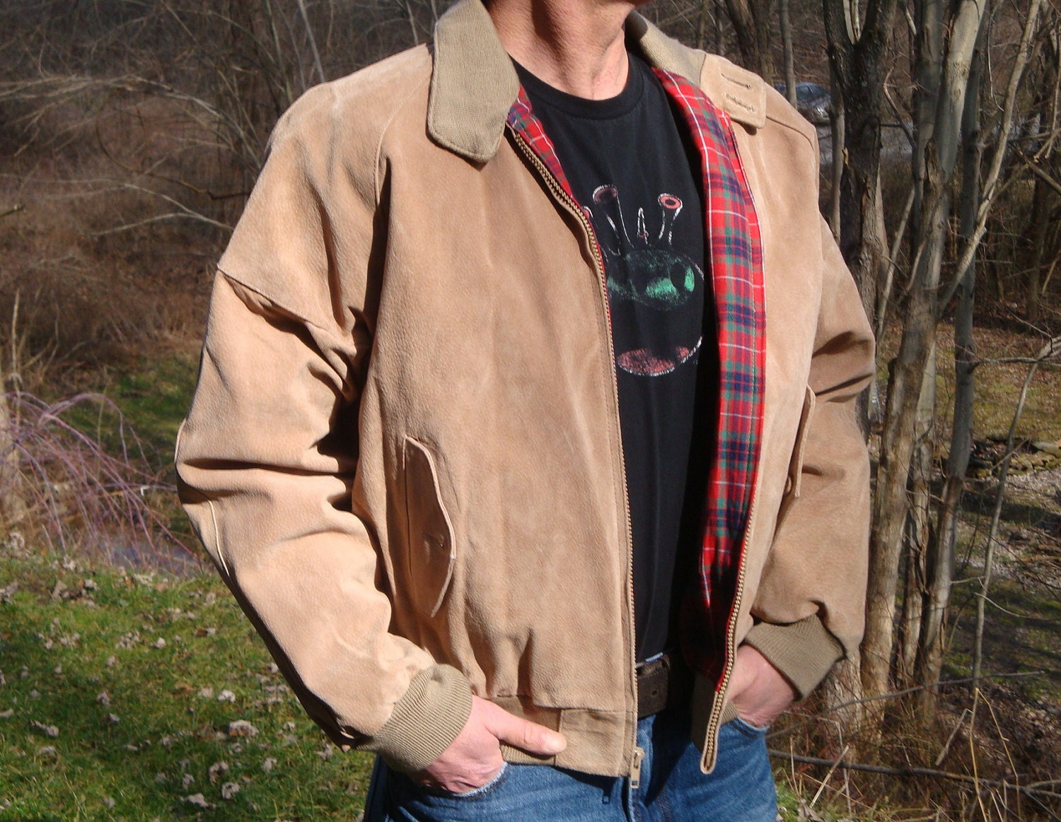 RESERVED//// Vintage Tan Suede Bomber Jacket Mens Leather Coat Red Plaid Lining - Rebel Rouser - Peter Fonda James Dean Size L