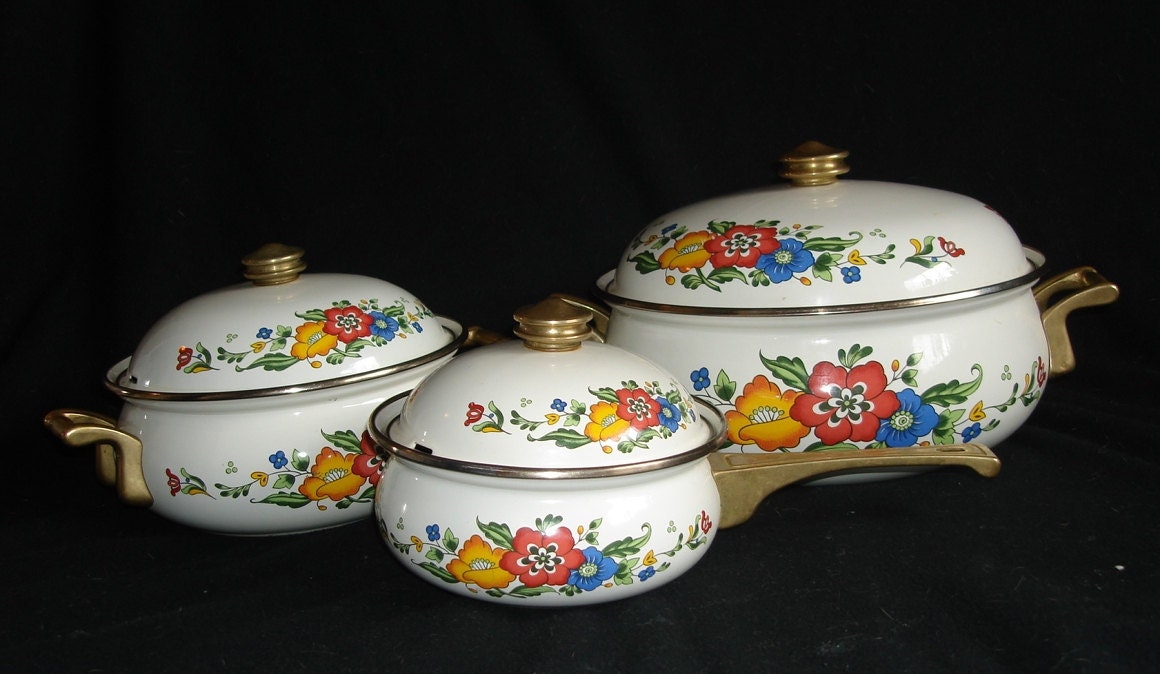 Items similar to Vintage Cast Metal & Enamel Cookware Set of 3 Pots