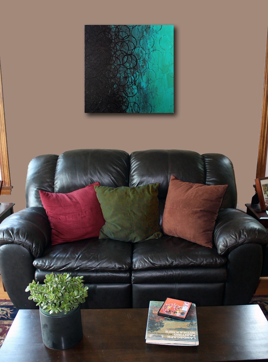 Original Modern Abstract Black and Teal Circles 20x20