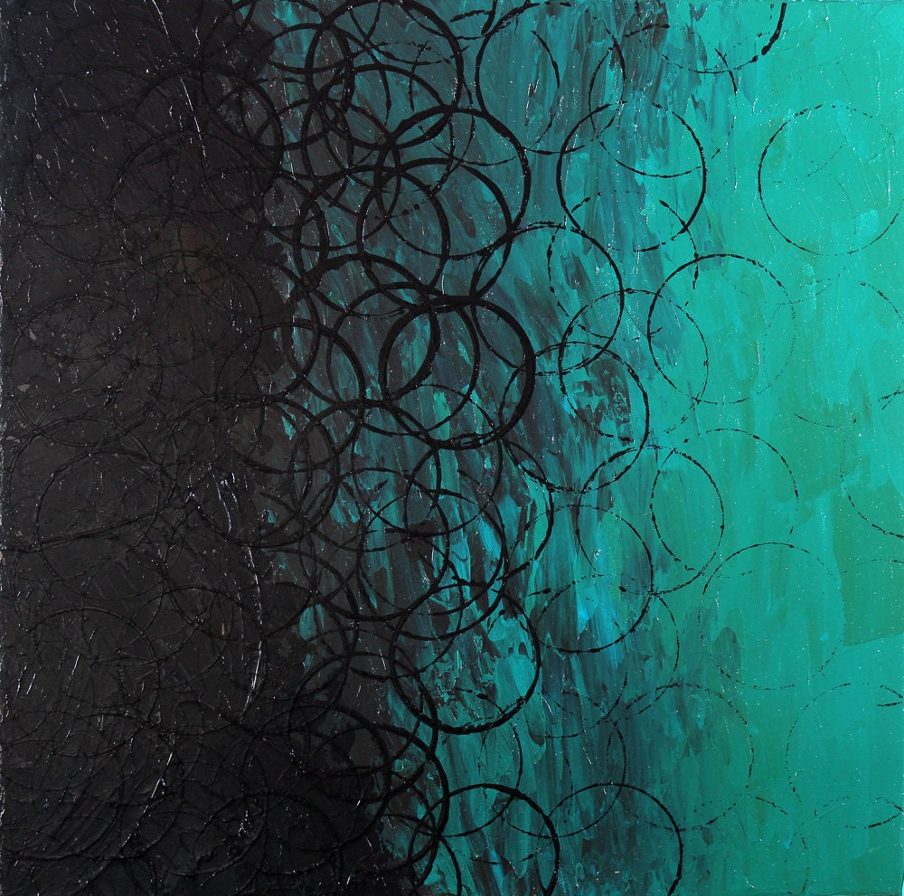 Original Modern Abstract Black and Teal Circles 20x20