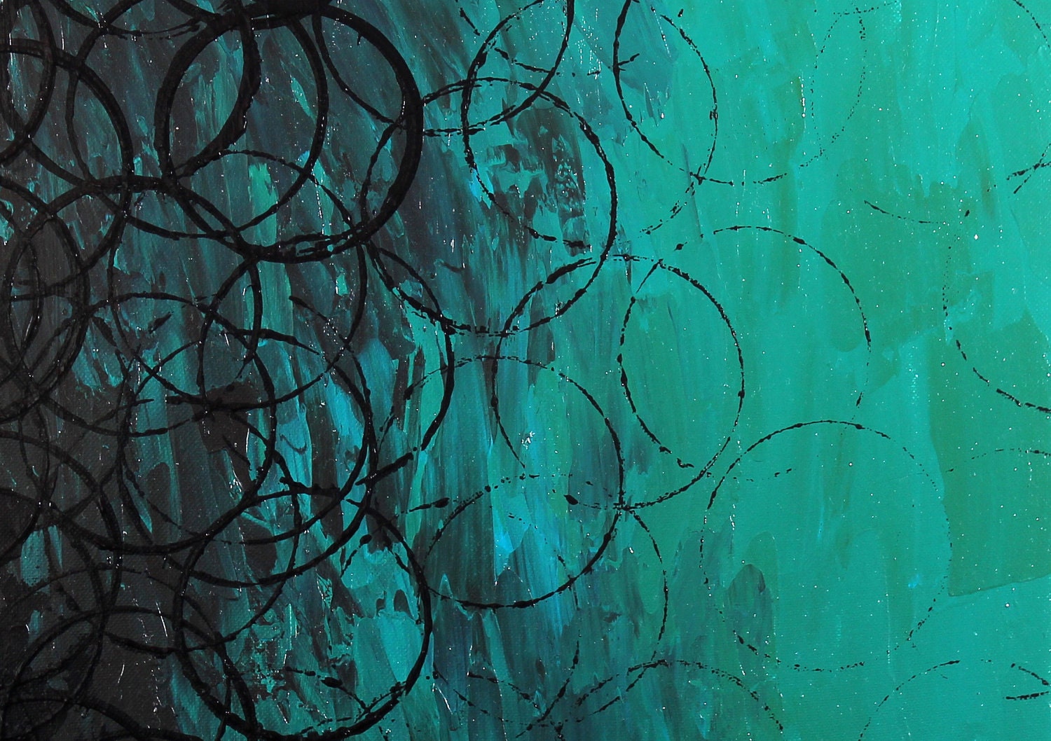 Original Modern Abstract Black and Teal Circles 20x20