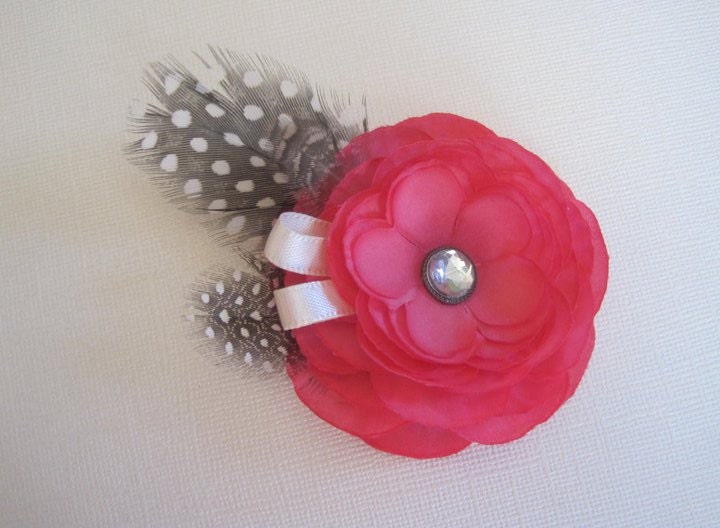 Baby Girl Hair Clip. Pink Ranunculus with feathers for baby to adult. Baby Shower Gift or Wedding. Handmade.