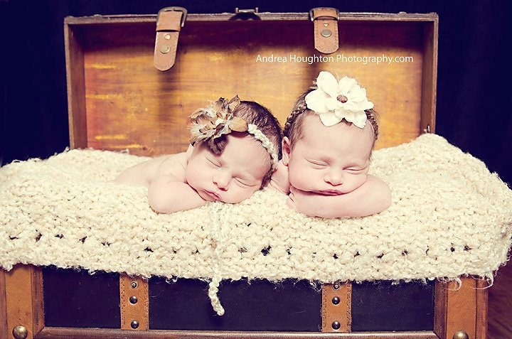 set of two twin baby girl knitted halo headband wrath tan cream brown flower-newborn photography prop or everyday use-baby shower gift