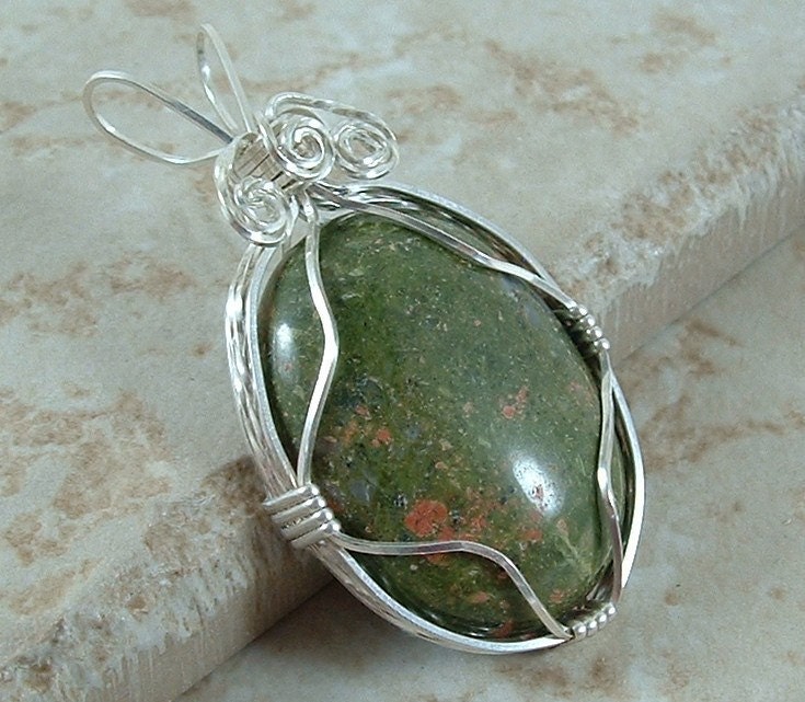 Pendant, Green and pink , Unakite gemstone wrapped in sterling silver....11-PSG-134
