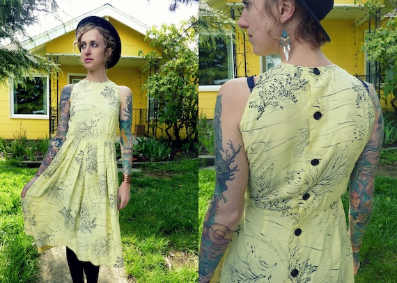 50s Marjorie Montgomery California Pale Yellow  Button Back Dress