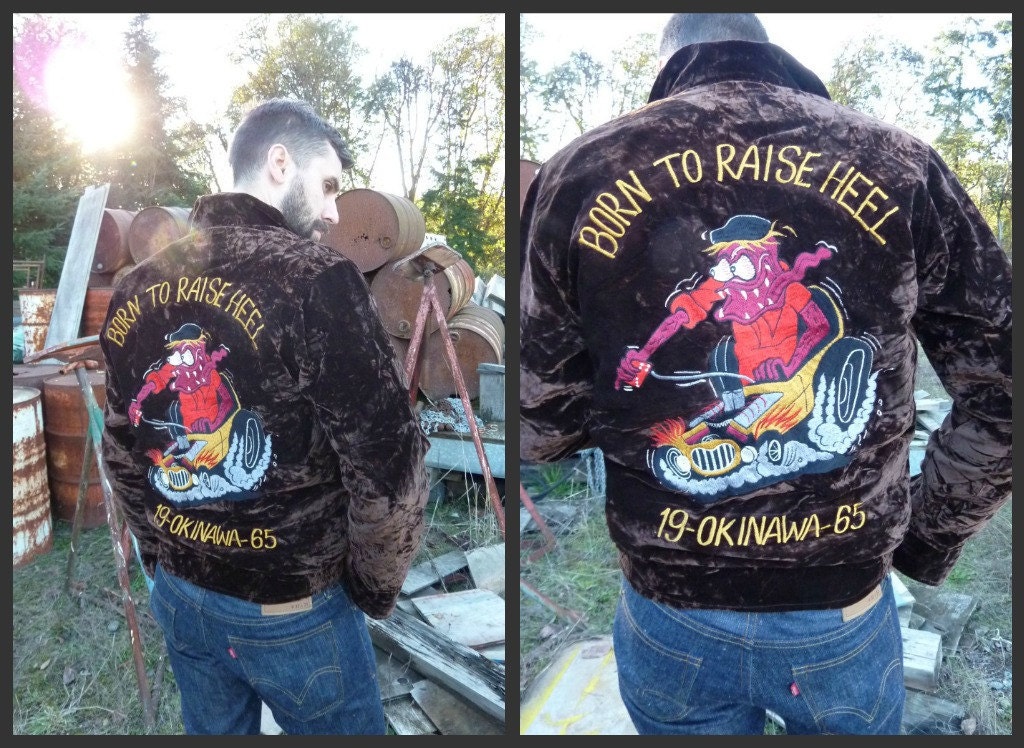 RESERVED// Born To Raise Heel RAT FINK 60s Okinawa Velvet Souvenir Teddy Jacket