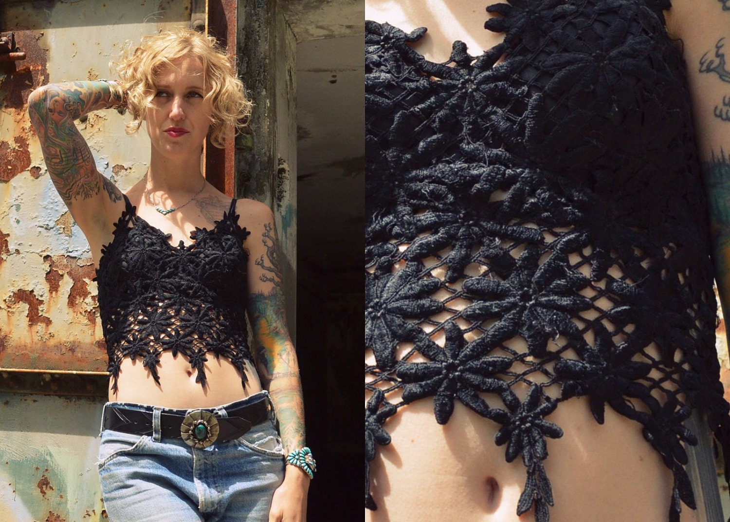 Vintage Gothic Cholo East LA American Me Cropped Corset Crochet Tank Top