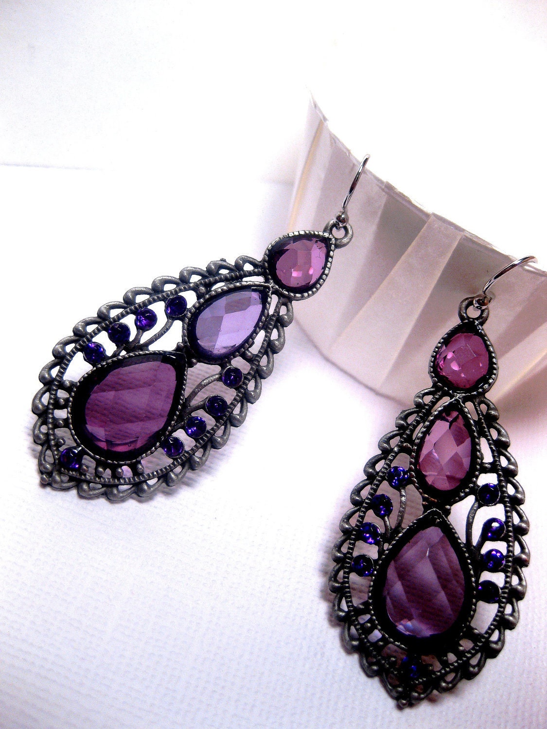 Purple Petal Gypsy Earrings Lavender Crystal Long Dangle