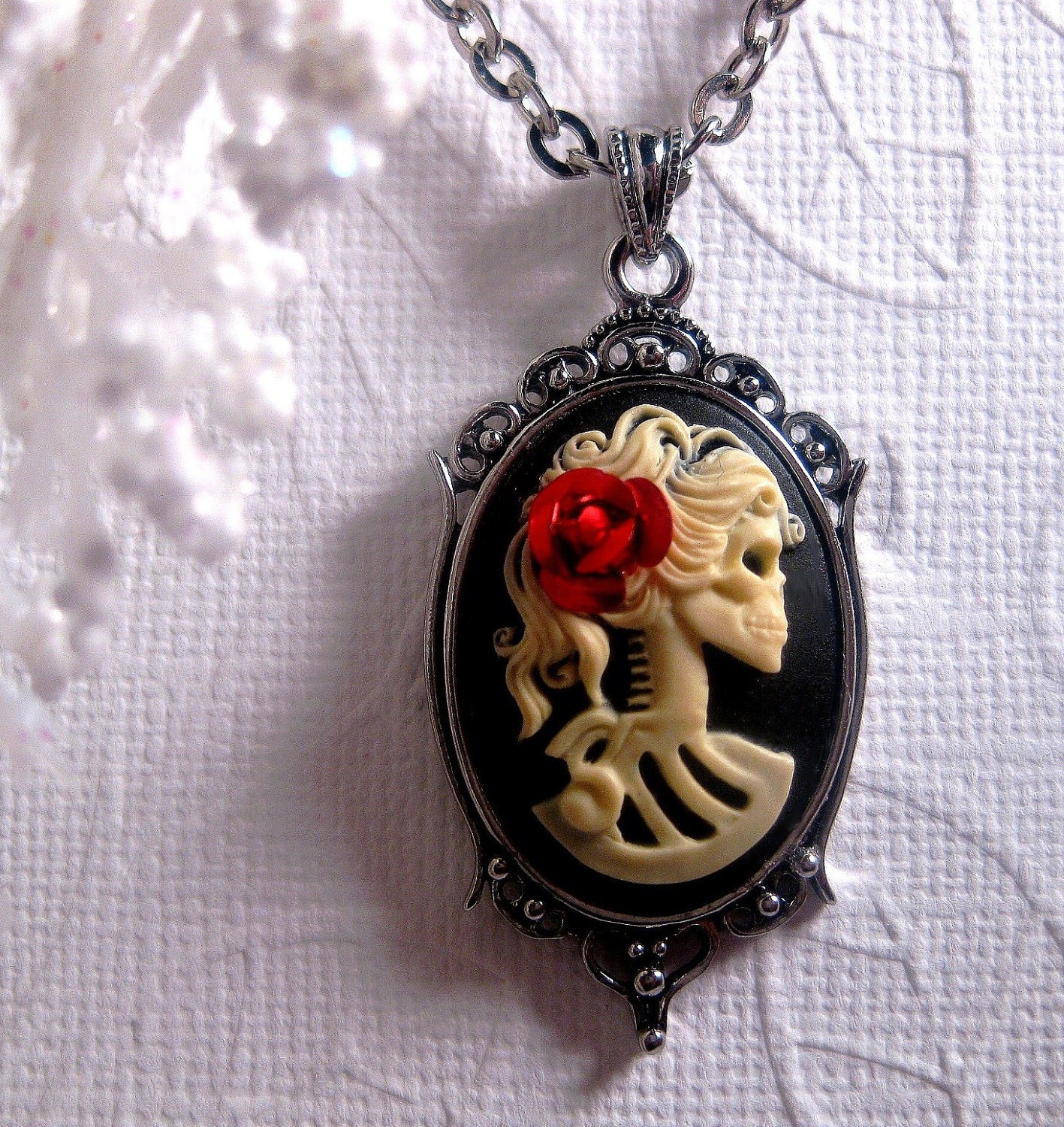 Romantic Gothic Fantasy Skull Or Skeleton Necklace With Red Rose - Cameo