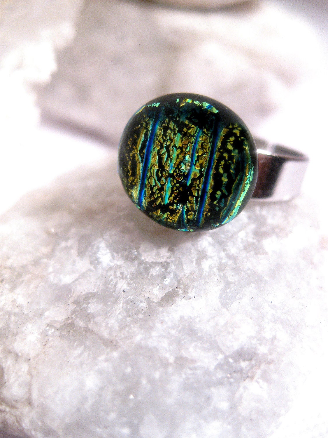 Silver Aquarium Ring - Blue Green Aqua Dichroic