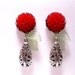 Red Flower Green Leaf Earrings - Dangle - Wedding Bridesmaid