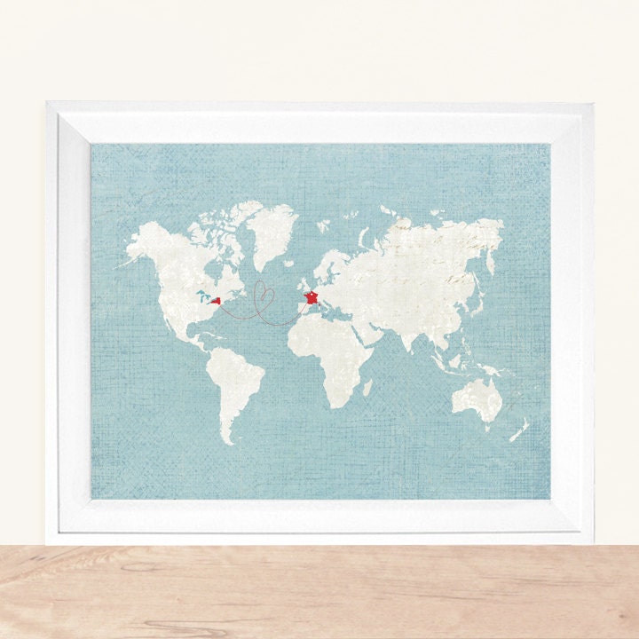 Personalized World Map   Vintage Style Customized Colors    -  11x14  Art Print