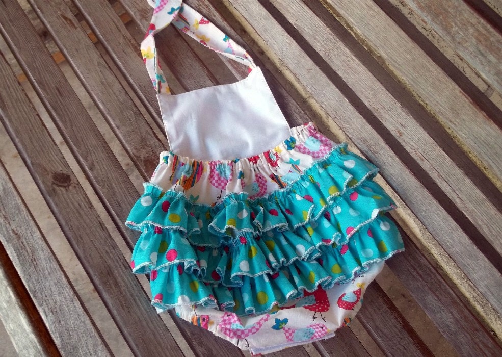 Retro Bird Bubble Romper, 1st Birthday Outfit, Fall Children Clothing, Baby Girl Sunsuit, Vintage Cottage Chic Children, Ruffle Romper