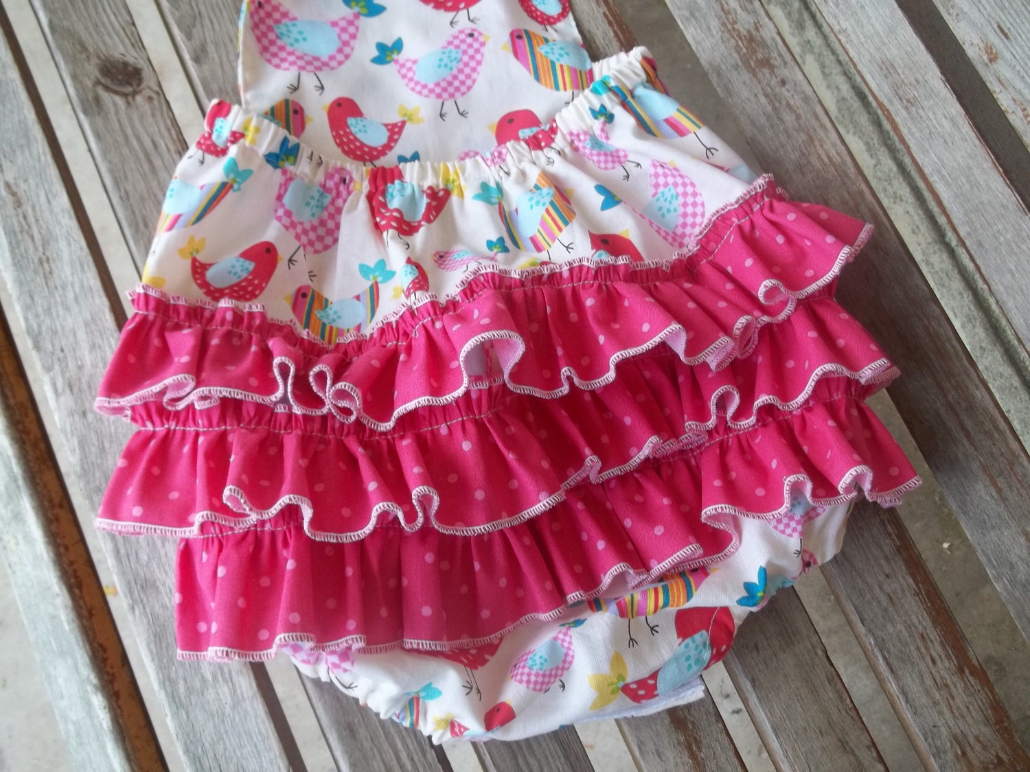 Retro Bird Bubble Romper, 1st Birthday Outfit, Fall Children Clothing, Baby Girl Sunsuit, Vintage Cottage Chic Children, Ruffle Romper