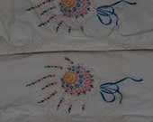 Vintage pillowcases set embroidered crochet trim cotton standard size
