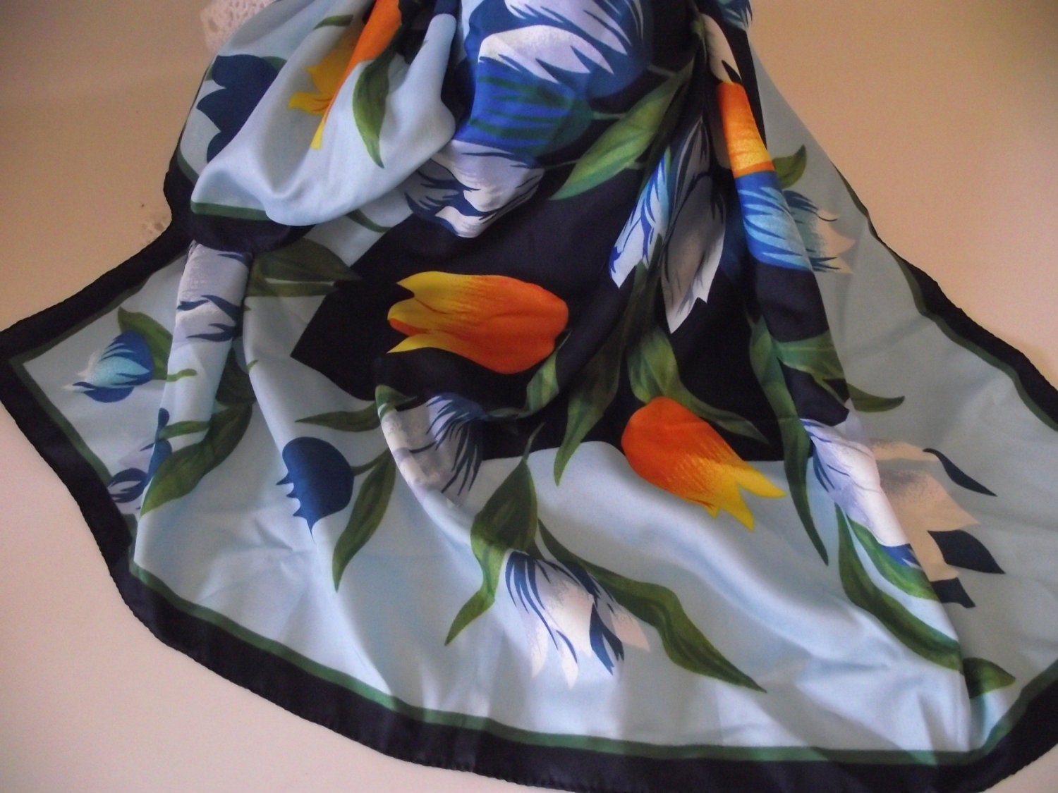 Vintage Scarf square floral tulip spring summer print SALE