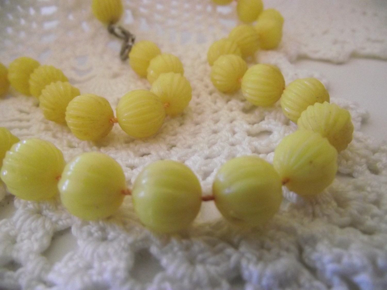 Vintage necklace celluloid plastic yellow ribbed beads