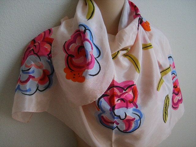 Vintage Silk Scarf retro mod boho flowers on pink 31" square