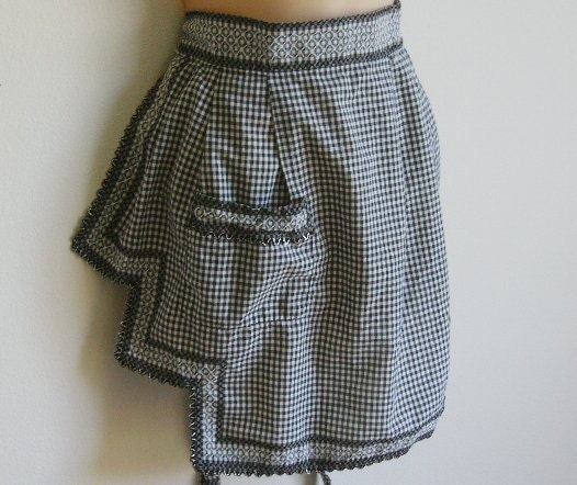 Vintage Apron black & white gingham check cross stitched fancy cotton half apron