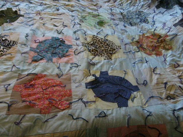 Vintage Handmade Quilt Turtles hand knotted & pieced cotton 78X90
