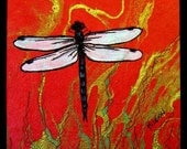Quilted fiber art, dragonfly thread sketch on Thai marbled paper, 8"x10"