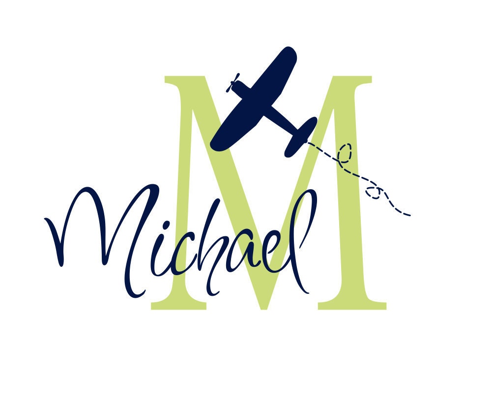 Airplane Wall Decal Name and Initial Vinyl Wall Decal Personalized Name Wall Decal Boy Baby Nursery or Boys Room 22"H x 28"W Wall Art